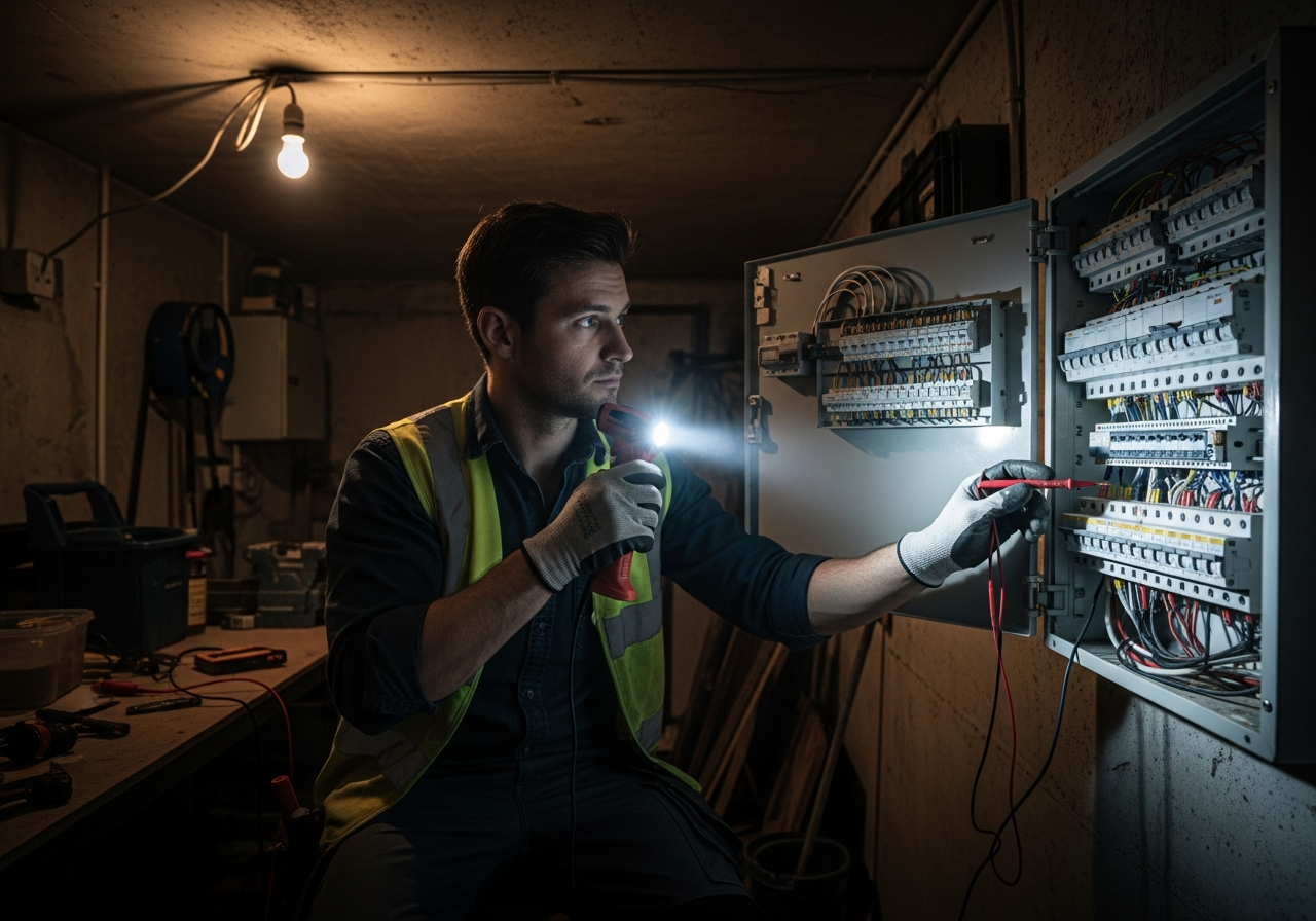 Electrician arriving at front door at night, van with lights on in background, professional uniform