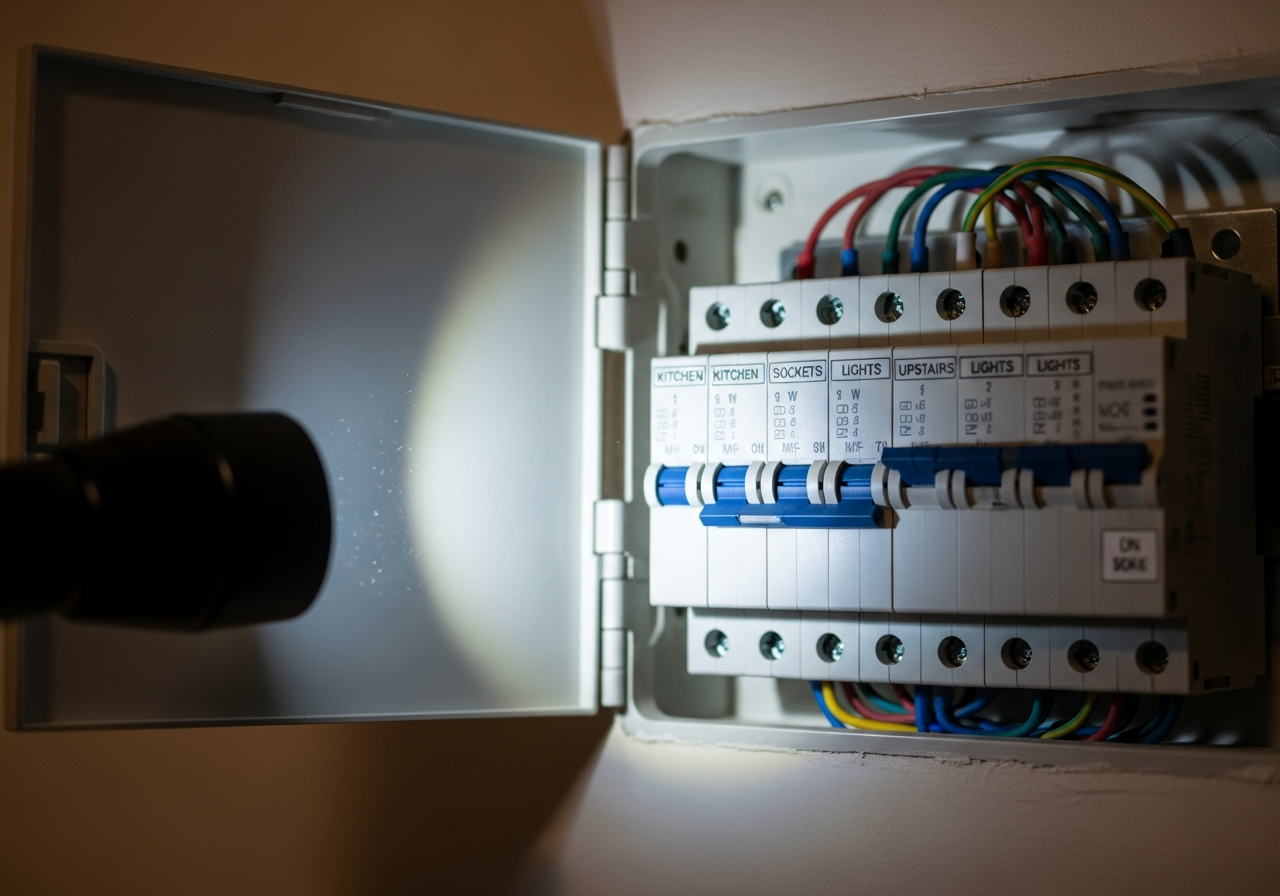 Consumer unit with one RCD tripped, close-up, dark environment, torch illuminating the board