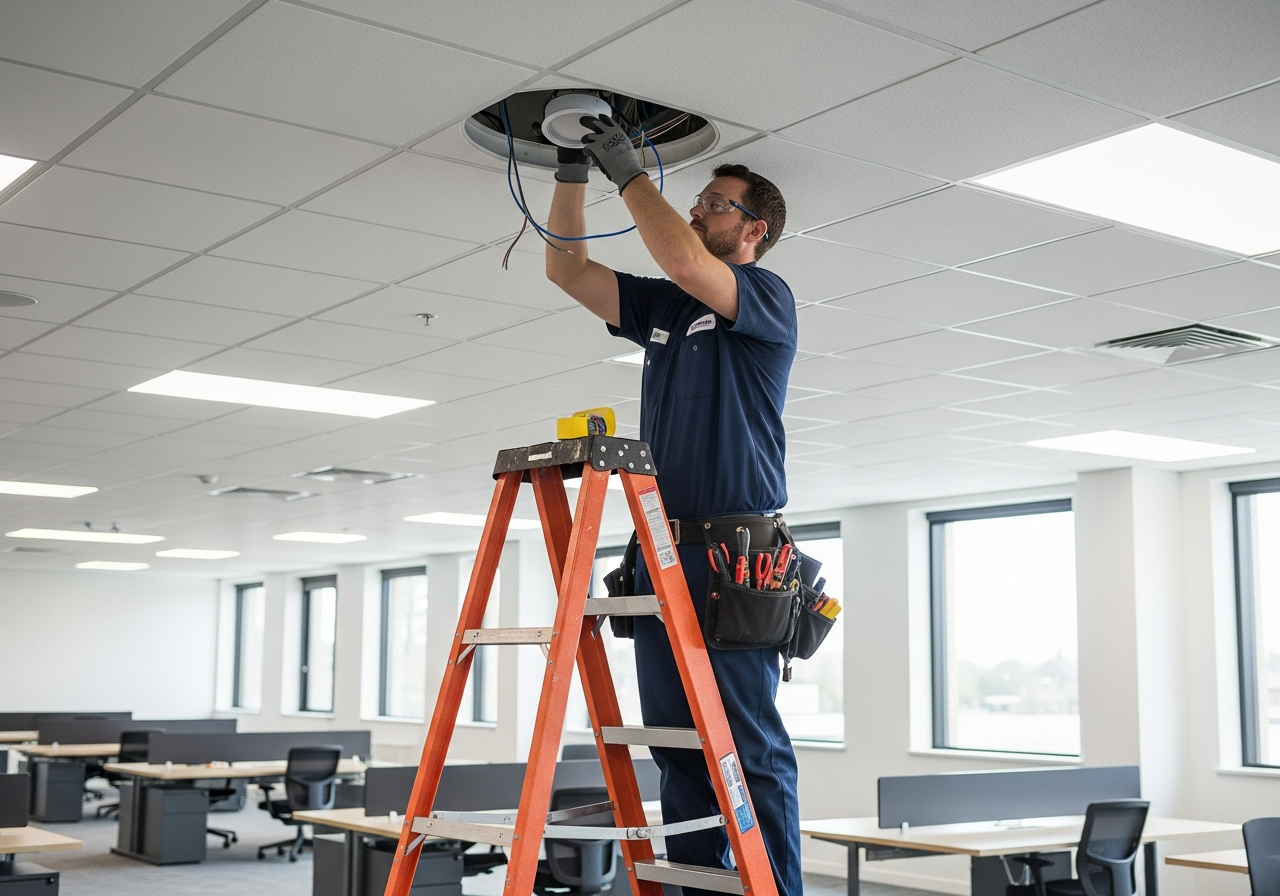 Commercial electrician working in modern open-plan office, installing ceiling lighting