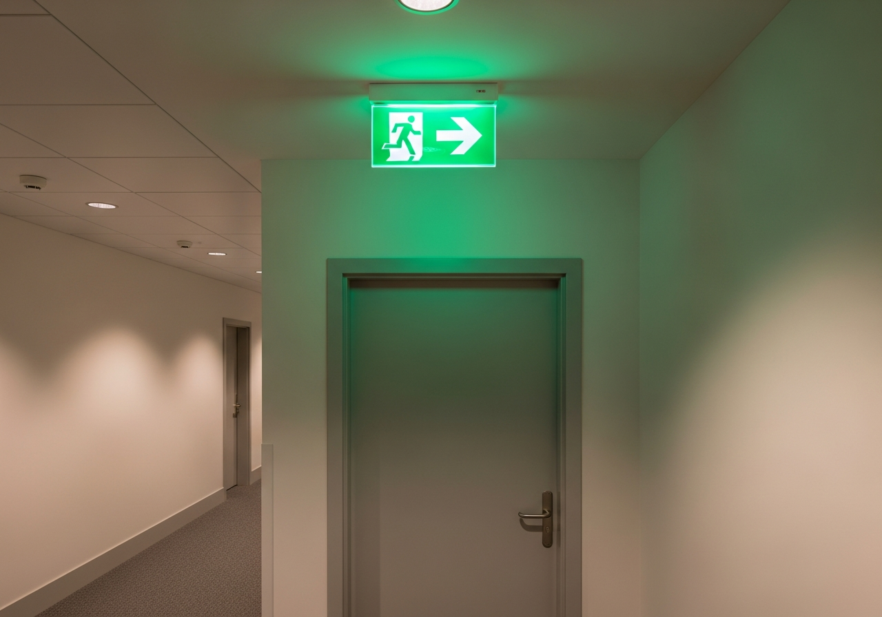 Emergency lighting fitting installed in commercial corridor, illuminated green exit signage