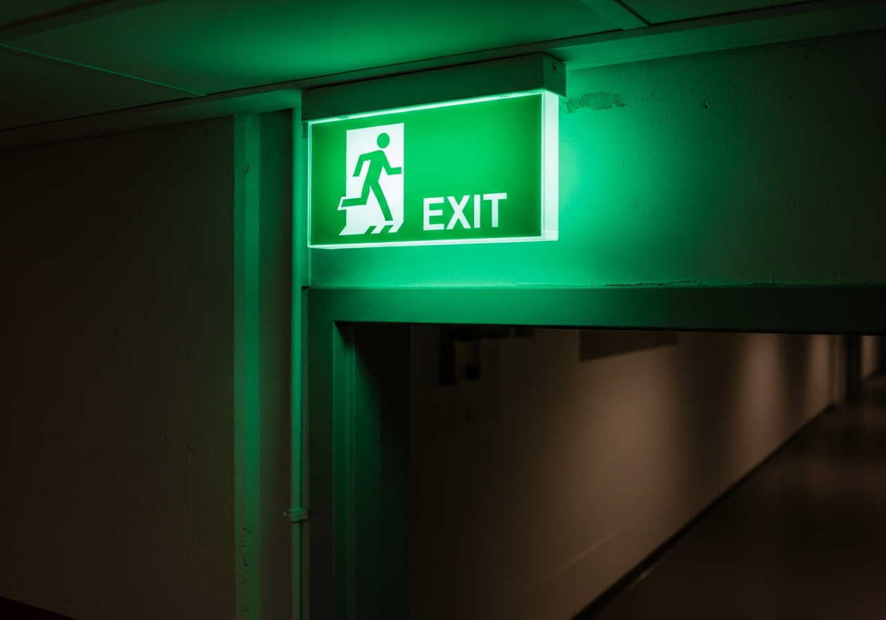 Emergency exit sign and lighting fitting illuminated in dark commercial corridor, green glow, professional installation