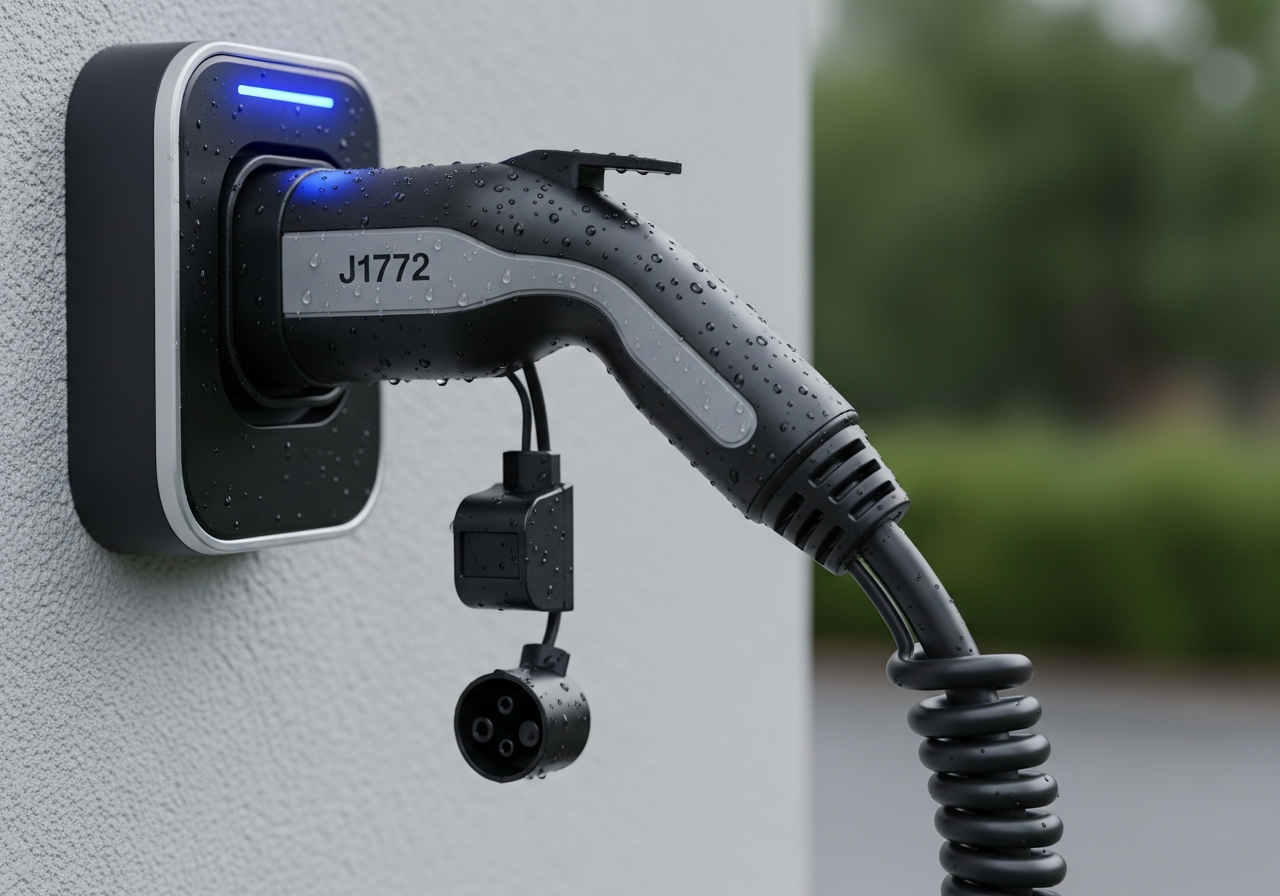 EV charger installed on garage wall of Irish home, electric car plugged in, clean professional installation