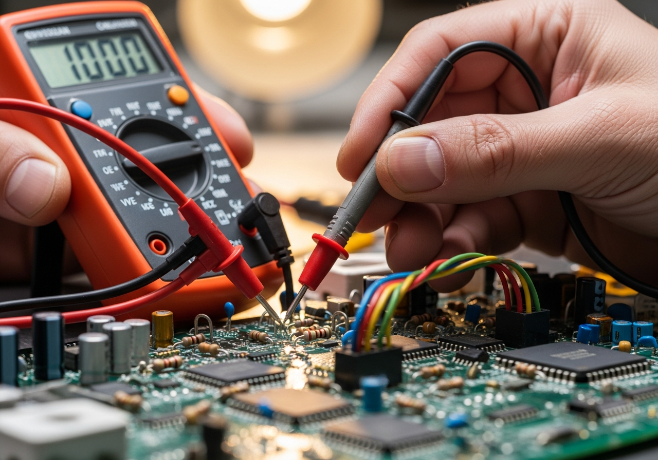 Electrician with test equipment carrying out circuit testing at consumer unit, professional test meter visible