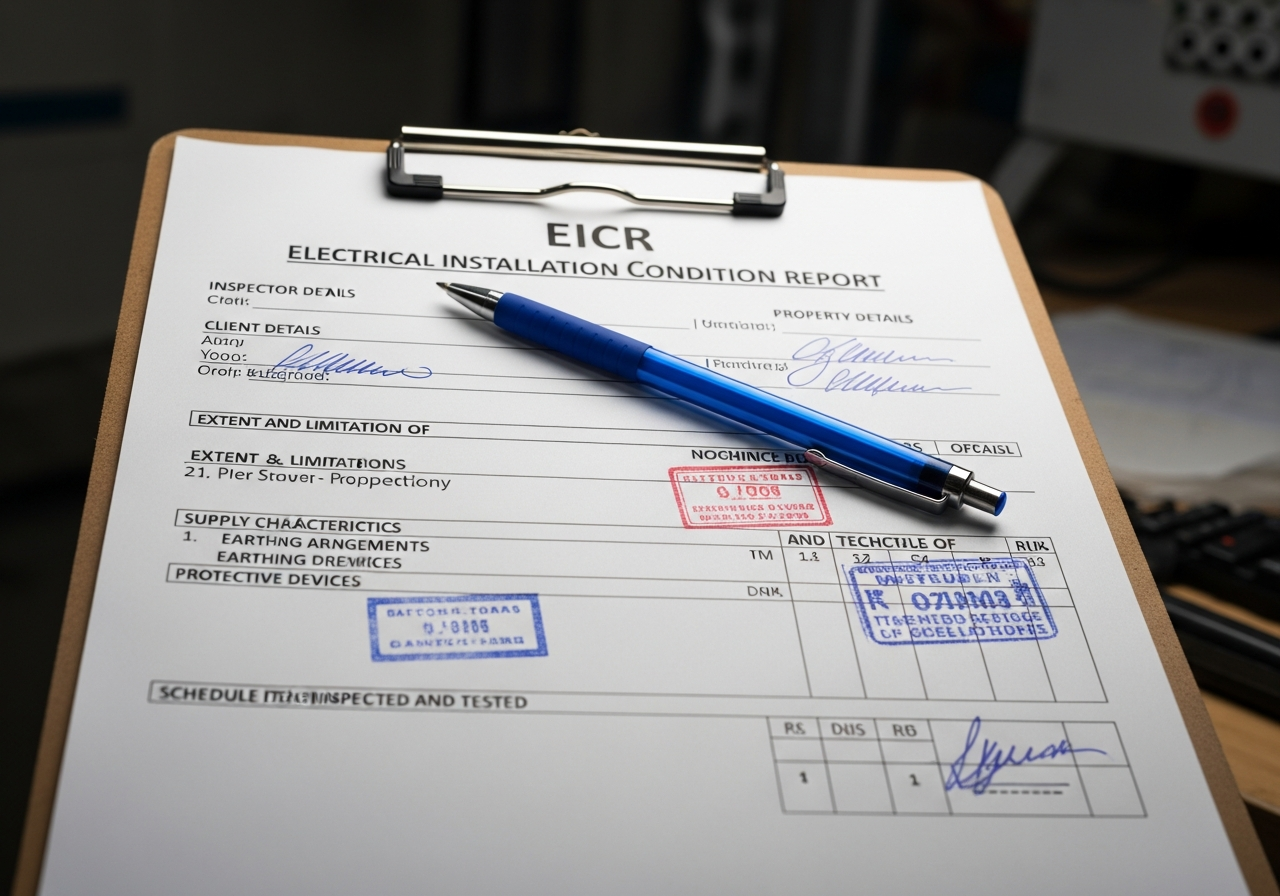 Sample EICR report document with circuit test results table, pen resting on it