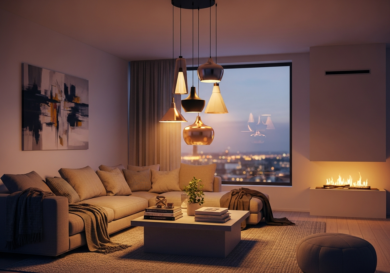 Electrician installing pendant light fitting in modern Irish living room