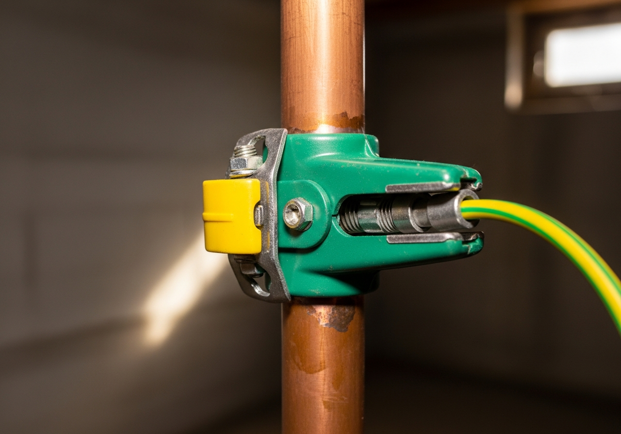Close-up of main bonding clamp on copper water pipe in Irish home, earth cable visible, neat installation