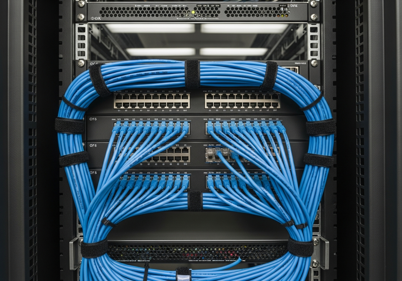 Neat patch panel installation in server cabinet, Cat6 cables labelled, organised cable management