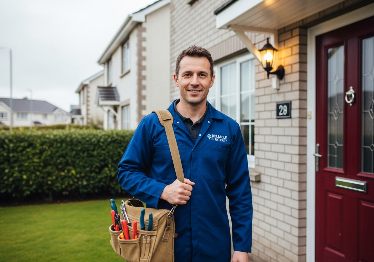 Friendly electrician at front door of Irish semi-detached home