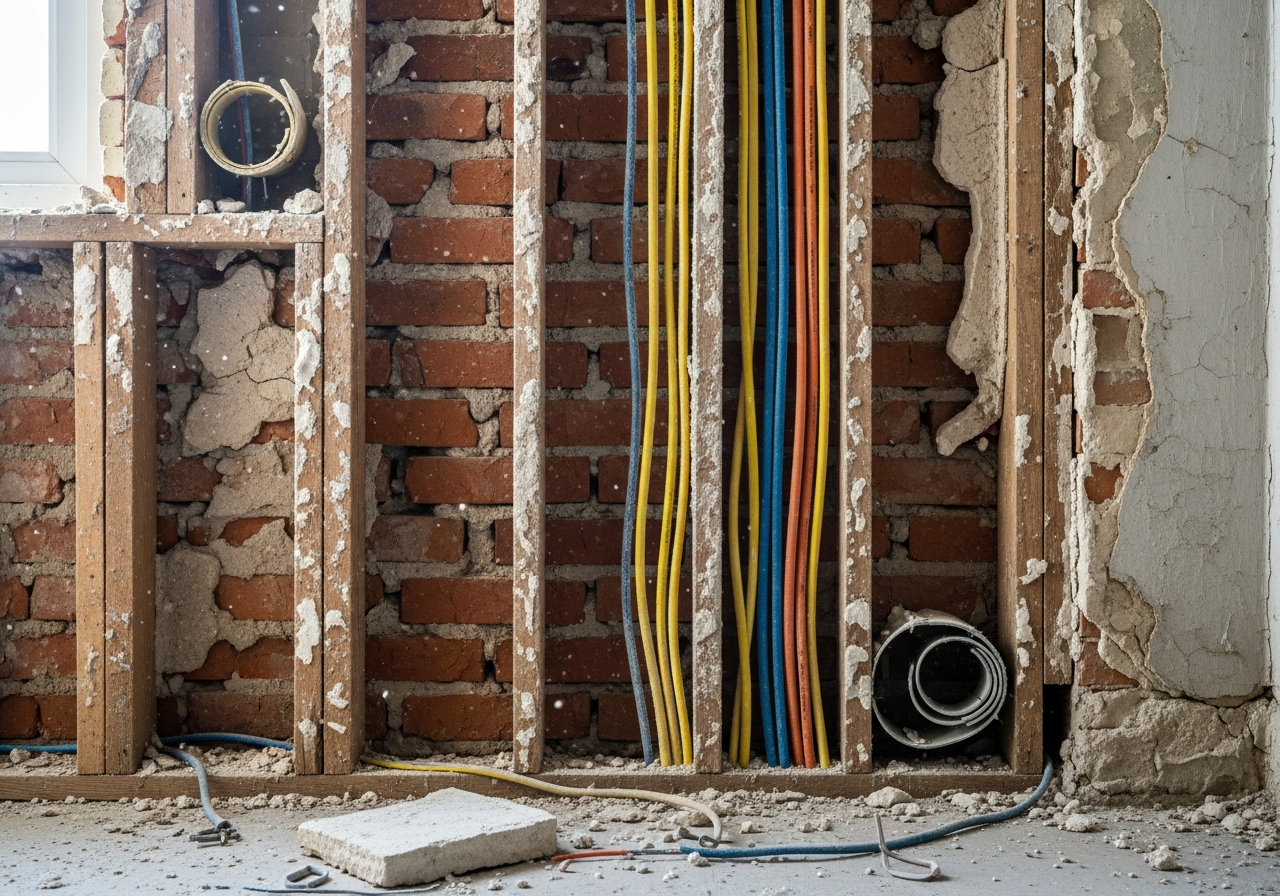 Electrician chasing wall in Irish home during rewire, new cable visible, plaster dust, professional protective equipment
