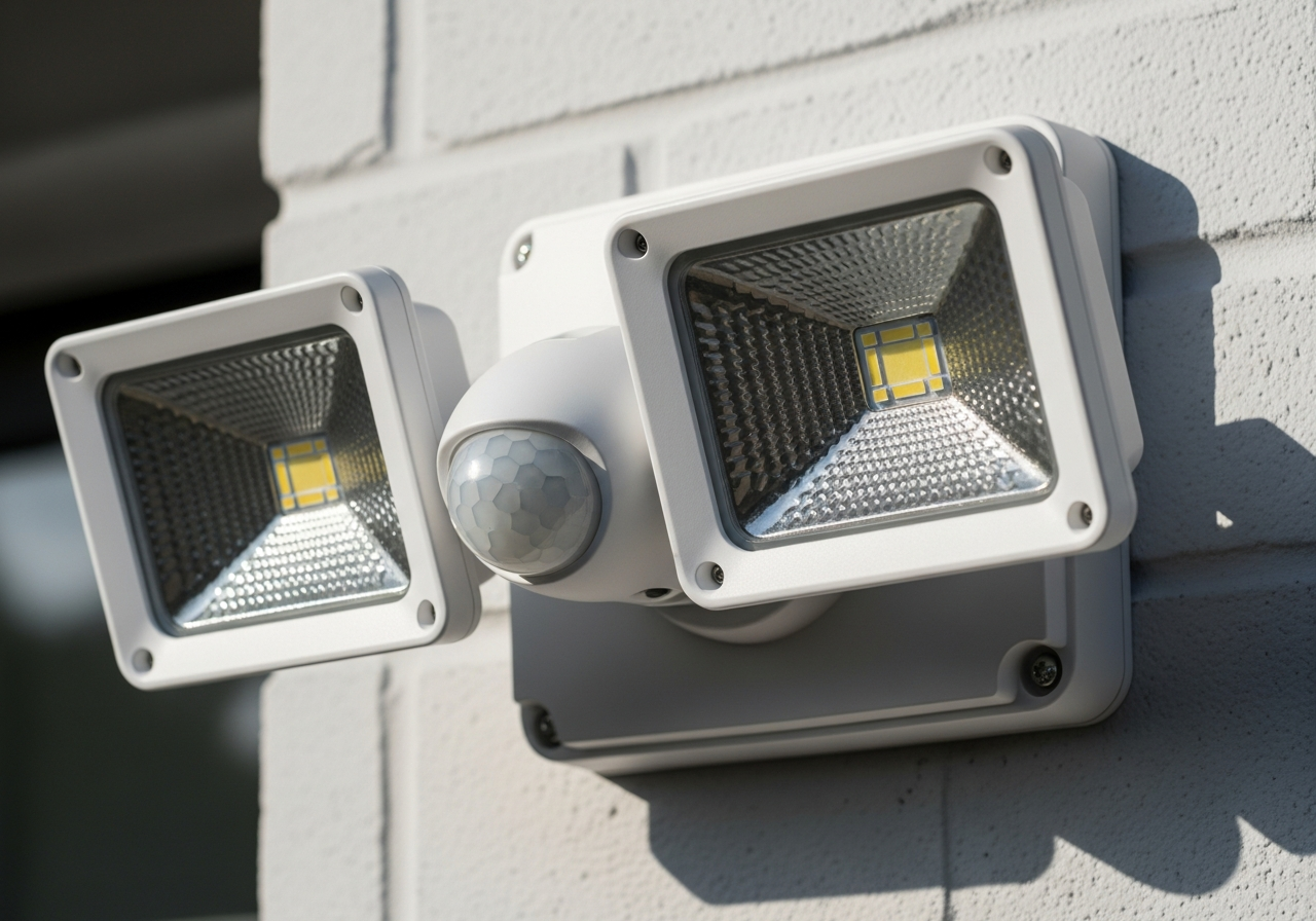 PIR floodlight mounted on exterior wall of Irish home, activated at dusk, illuminating driveway