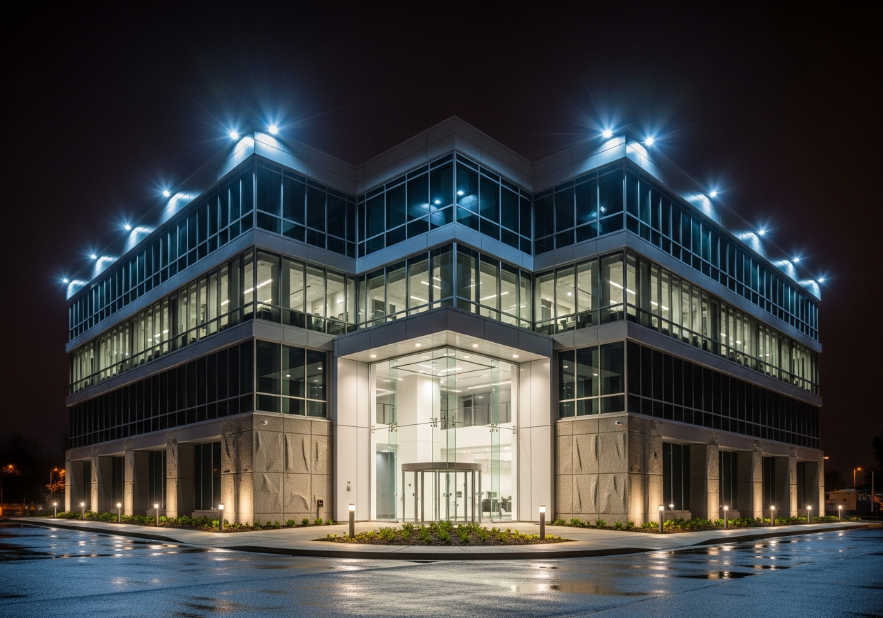 Commercial premises exterior at night, full perimeter lighting active, clean industrial building