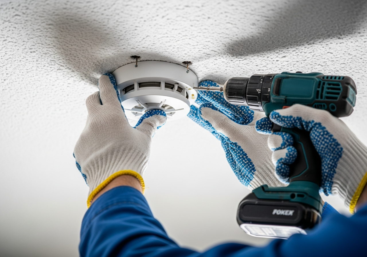 Mains-powered smoke alarm installed on ceiling of Irish hallway, clean white fitting