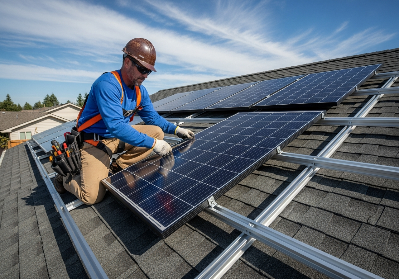 Solar panels installed on pitched roof of Irish semi-detached house, bright day, clean professional installation